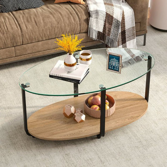 Elegant 2 Tier Glass Top Modern Coffee Table Open Storage Shelf Smooth Edges Heavy Duty Metal Frame Modern Coffee End Tables - Home Decor Gifts and More