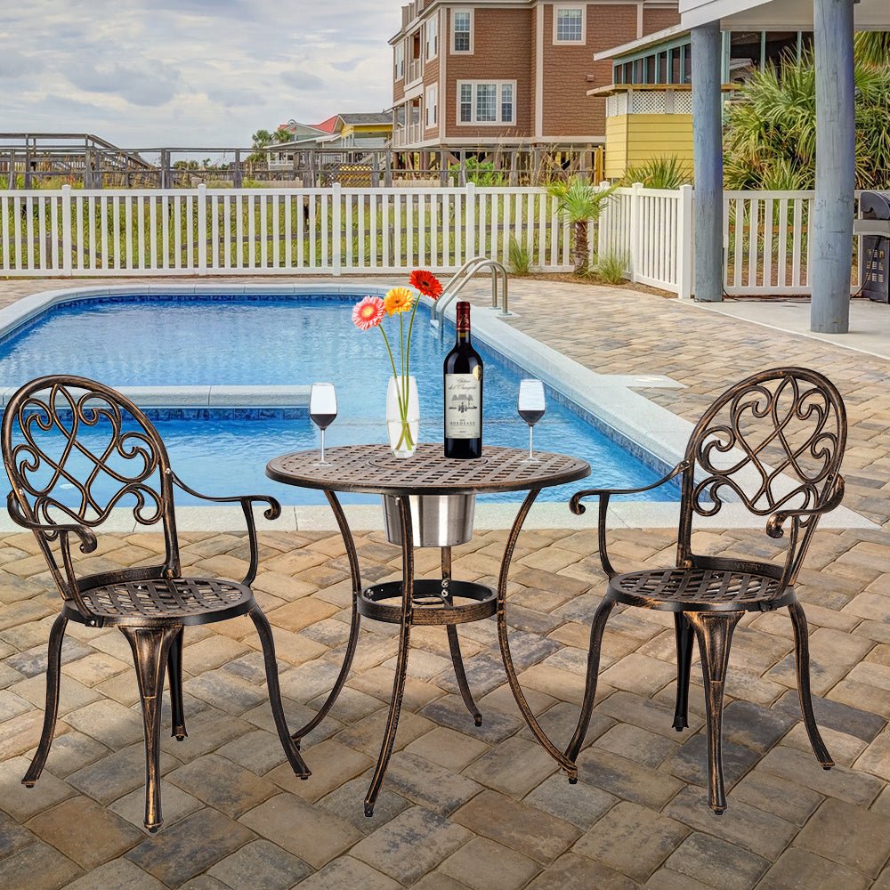European Style Cast Aluminum Outdoor 3 Piece Patio Bistro Set of Table and Chairs with Ice Bucket Bronze  Outdoor Furniture Set - Home Decor Gifts and More