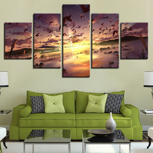 Framedwork Art 5 Piece Panel Scenic Landscape Mural  Animal Birds And Mountain Sunset Scenery Paintings - Home Decor Gifts and More
