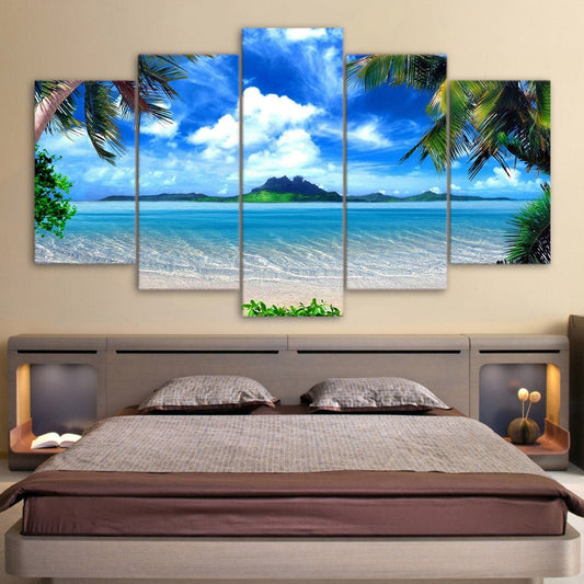 HD Print Modern Tropical Blue Palm Trees Decor Scenic Landscape Mural Framed Canvas Paintings - Home Decor Gifts and More