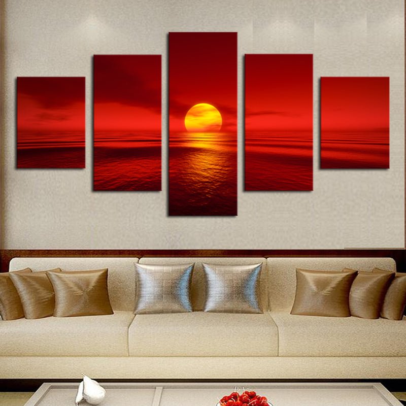 HD 5 Panel Natural Sky Sunfire Ocean Landscape Red Sunset Framed Coastal Seascape Set - Home Decor Gifts and More