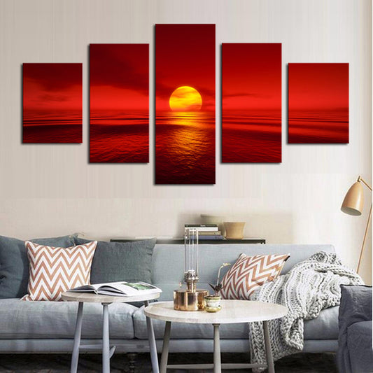 Framed Red Sunset Natural Sea Landscape HD Coastal Seascape Painting Mural Set - Home Decor Gifts and More