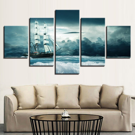 Modern HD 5 Piece Nautical Landscape Ship in Clouded Sea Waves Seascape - Home Decor Gifts and More