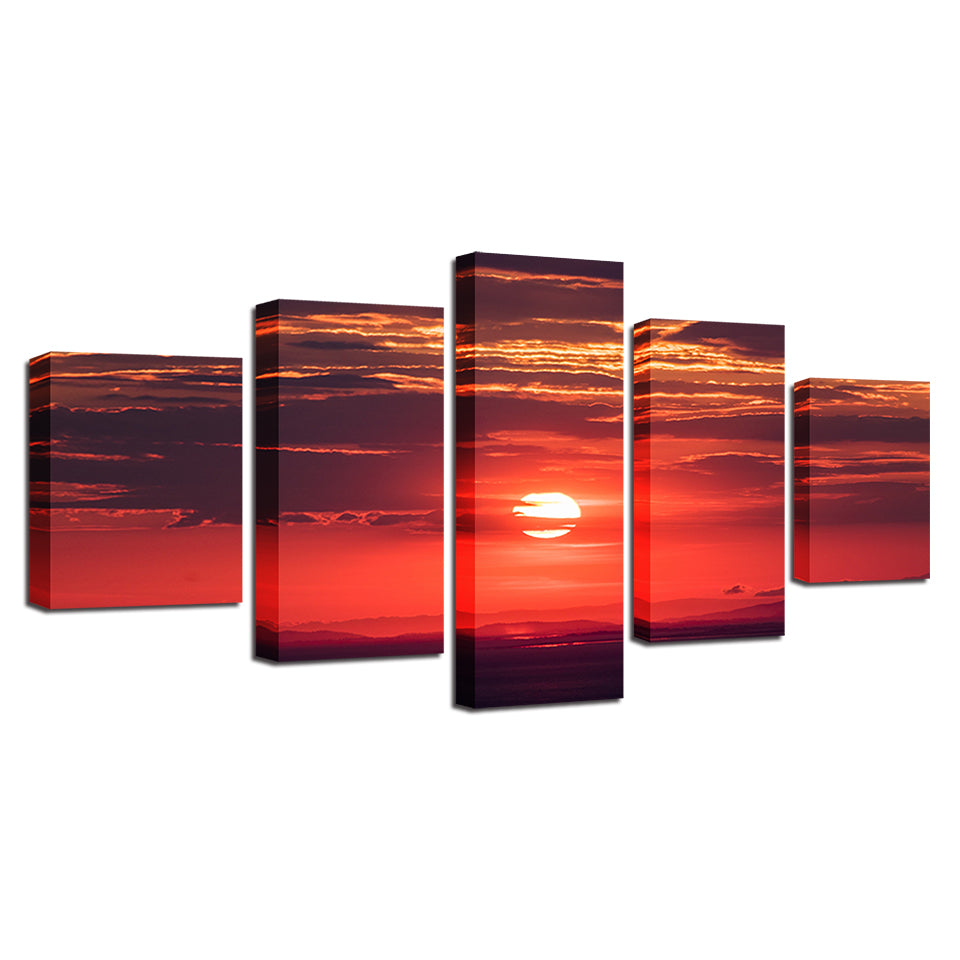 Modern HD 5 Piece Panel Scenic Red Sky At Night Sailors Delight Landscape Painting - Home Decor Gifts and More