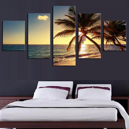 Modern HD Tropical Coconut Palm Island Ocean Sunset Seascape Framed Wall Mural Panel Set - Home Decor Gifts and More