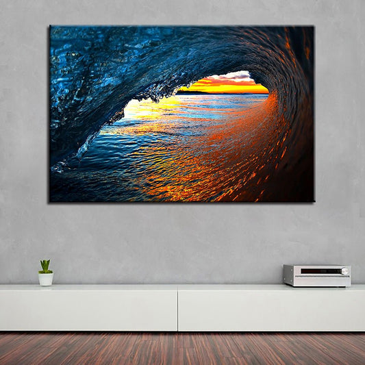 Scenic Blue Ocean Wave Over Glowing Sunset Landscape Mural Wall Art Set - Home Decor Gifts and More