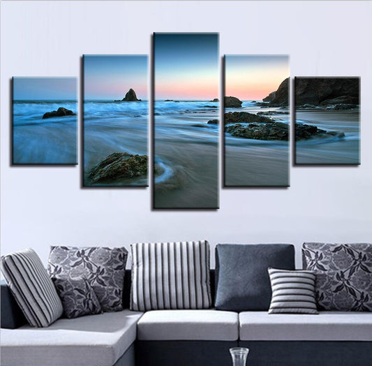 Framed 5 Piece Panel High Blue Seaview Coastal Shore Landscape Wall Art Set - Home Decor Gifts and More