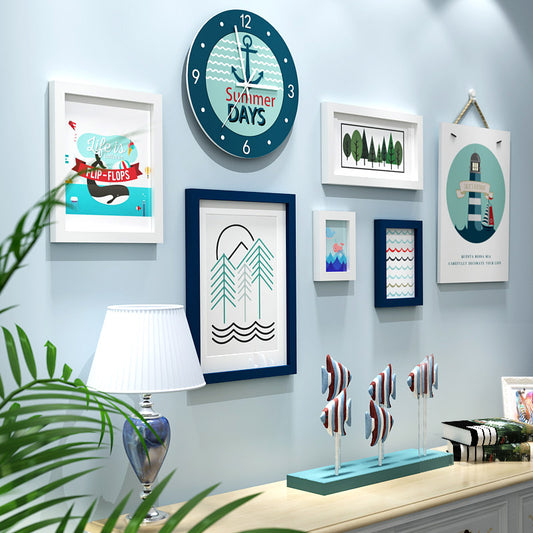 INKANEAR Modern Fashion Painting Nautical style Photo Frame Set Clock Solid Wood Home Decor Wall Decoration DIY HF9813 - Home Decor Gifts and More