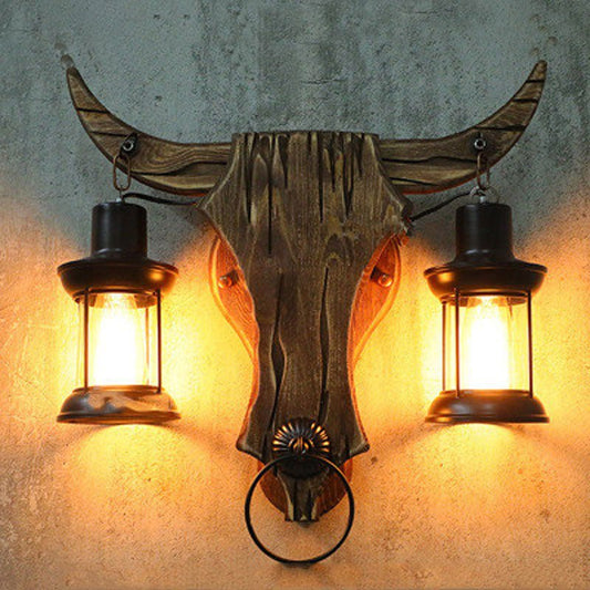 Industrial Design Retro Iron Wood Lamp Glass Wall Cow With Bell Lamp | Decor Gifts and More