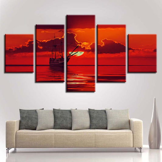 Sailors Delight Red Sky At Night Landscape Modern Coastal Art Seascape Mural - Home Decor Gifts and More