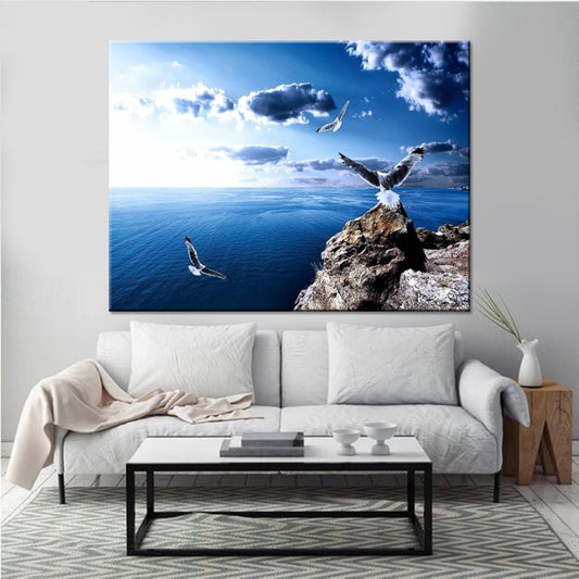 Living Room Wall Decor Art Framed HD Print Sea Water And Bird Flying In Blue Sky Scenery Paintings - Home Decor Gifts and More