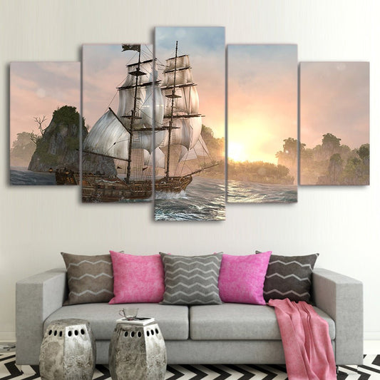 Modern 5 Piece Framed Panel Scenic Coastal Landscape Mural Nautical Ship Sea Sunset - Home Decor Gifts and More