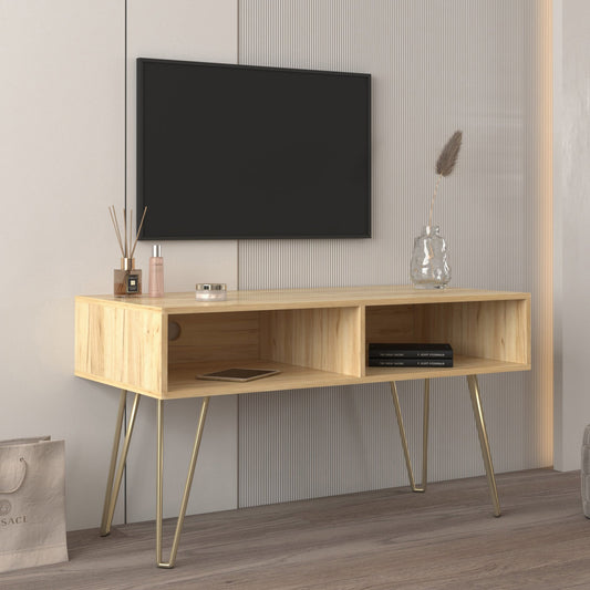 Modern Design TV Stand Fir Wood Stable Metal Legs with 2 Open Shelves to Put TV DVD Router Books and Small Ornaments Oak/Gray - Home Decor Gifts and More