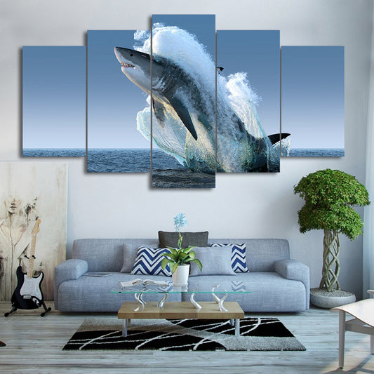 5 Piece Sea Surface Ocean Jumping White Shark Framed Canvas Wall Art | Decor Gifts and More