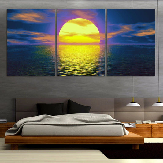 Modern Painting On Canvas Home Decor 3 Panel Sea Full Moon Night View Framed Wall HD Art - Home Decor Gifts and More