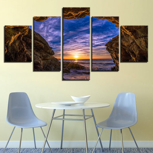 Modern HD 5 Piece Panel Scenic Landscape Mural Cave Sunrise Coastal Seascape Painting - Home Decor Gifts and More