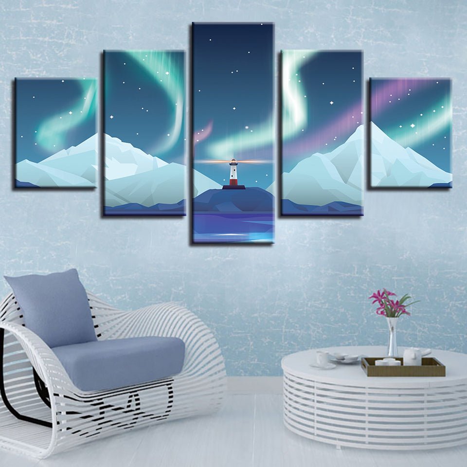 Modern Blue Abstract Lighthouse Snow Mountain Starry Sky Night View Framed Canvas Paintings - Home Decor Gifts and More