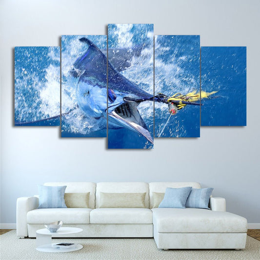 Modern Blue HD 5 Piece Jumping Marlin Tuna Fish Panel Wall Art - Home Decor Gifts and More