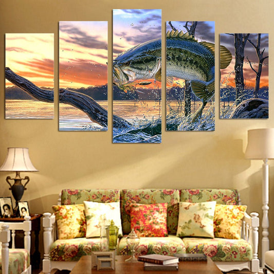 Modern HD 5 Piece Panel Scenic Landscape Mural Jumping Bass Fishing Paintings - Home Decor Gifts and More