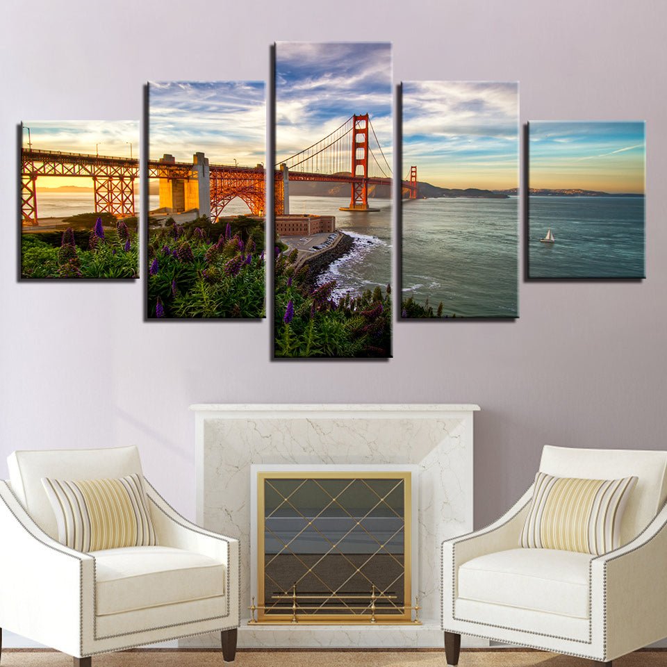 Modern 5 Piece Panel Scenic Landscape Mural  California Golden Gate Bridge Landscape Painting - Home Decor Gifts and More