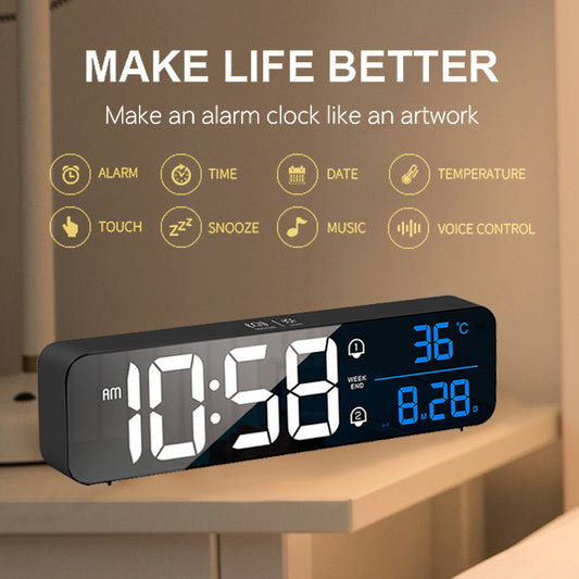 Music LED Digital Alarm Clock Temperature Date Display Desktop Mirror Clocks Home Decor Voice Control 2400mAh Bedside Clock - Home Decor Gifts and More