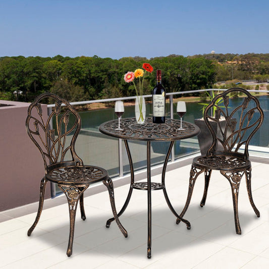 Outdoor Furniture Set European Style Cast Aluminum Outdoor 3 Piece Tulip Bistro Set of Table and Chairs Bronze  60 x 60 x 67.5 - Home Decor Gifts and More