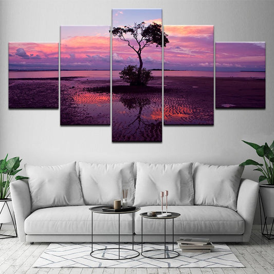 Modern 5 Panel Framed Canvas Purple Sunset Framed Wall Decor Set - Home Decor Gifts and More