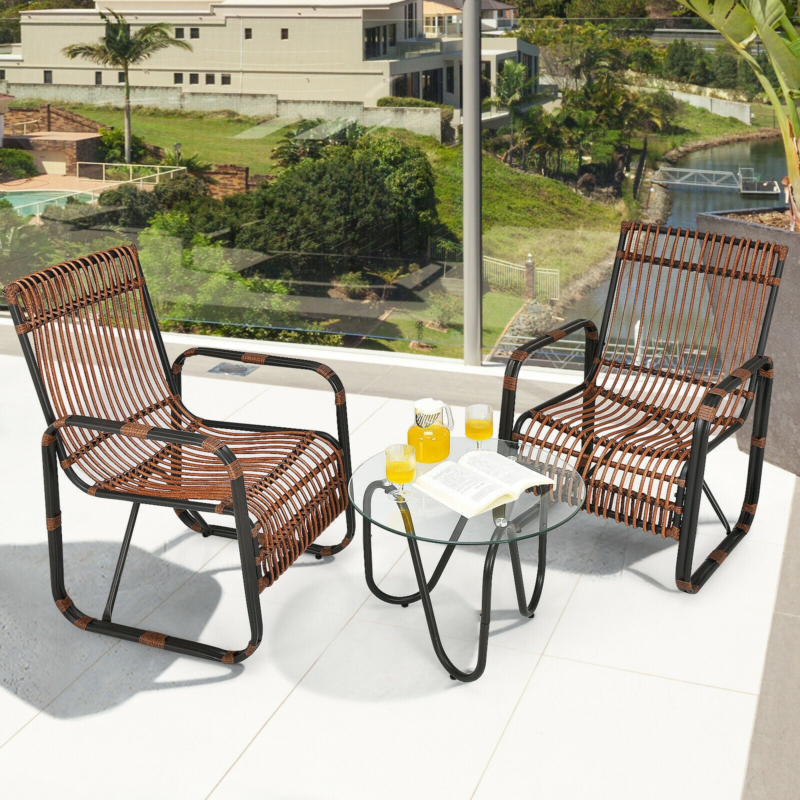 Patiojoy 3PCS Patio Rattan Furniture Set Conversational Sofa Coffee Table Garden HW64404 - Home Decor Gifts and More