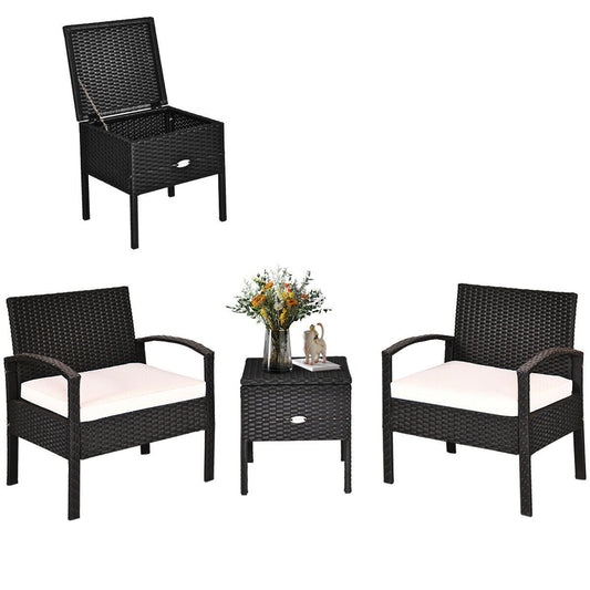 Patiojoy 3PCS Patio Rattan Furniture Set Storage Table Cushioned Sofa Black  HW63757WH - Home Decor Gifts and More