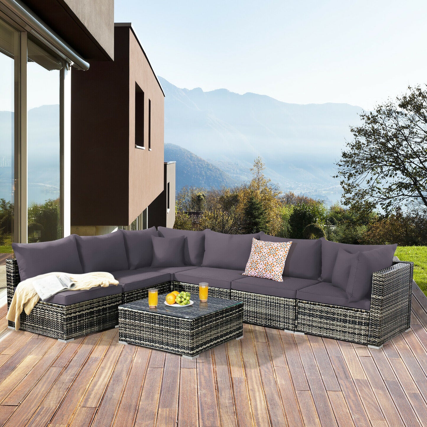 7PCS Patio Rattan Furniture Set Sectional Sofa Garden Gray Cushion  HW68058 - Home Decor Gifts and More