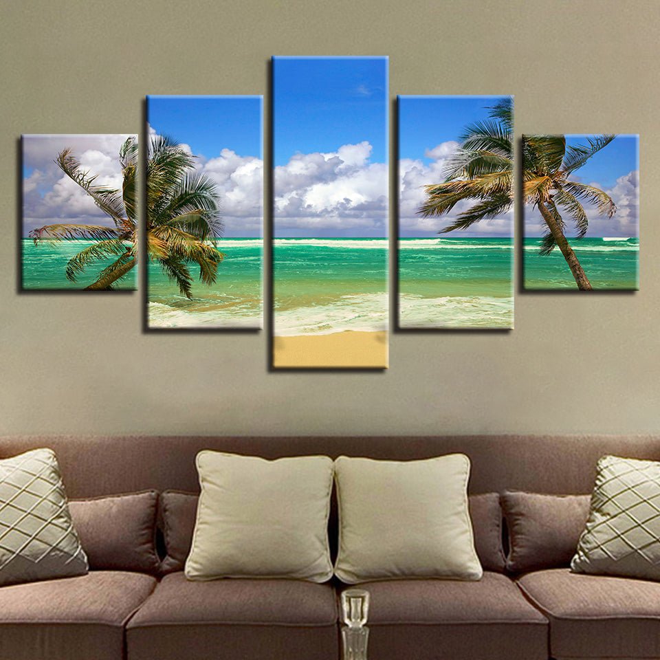 Tropical Coconut Tree Colorful Bright Blue Sky White Cloud Coastal Island Seascape Mural - Home Decor Gifts and More