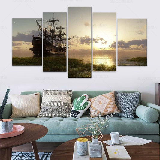 Pirate Ship Nautical Wall Art Viking Ship 5 Panel Painting The Picture Prints On Canvas Modern Artwork for Living Room Home Deco - Home Decor Gifts and More