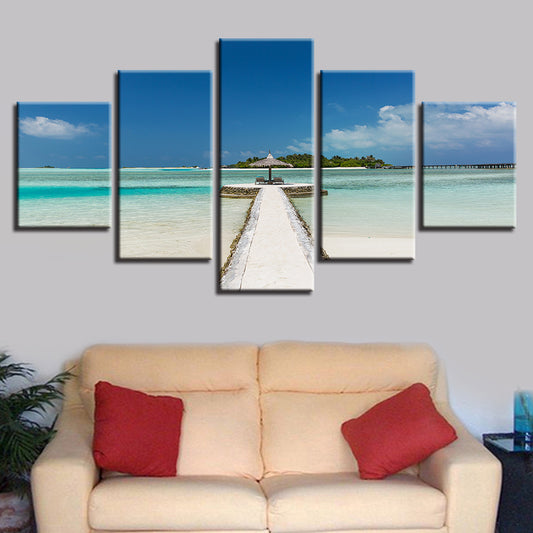 5 Piece Panel Scenic HD Blue Beach Blue Sky White Cloud Island Seascape Wall Mural | Decor Gifts and More