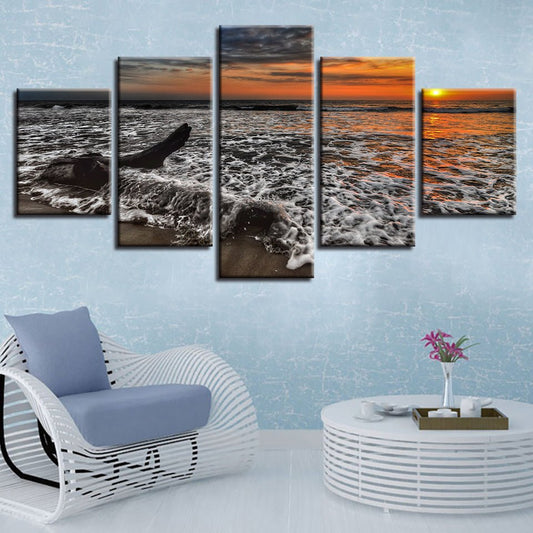 HD 5 Piece Panel Scenic Landscape Mural Beach Sunrise Seascape Canvas Paintings - Home Decor Gifts and More