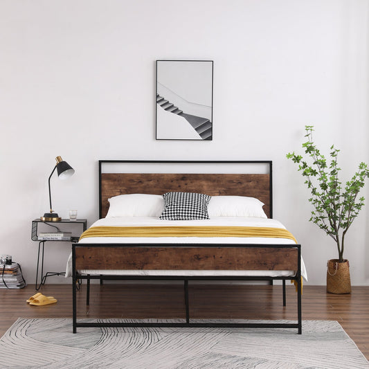 Queen/Full/Twin 3 Sizes Black Iron Bed Frame with Retro Brown Headboard - Home Decor Gifts and More
