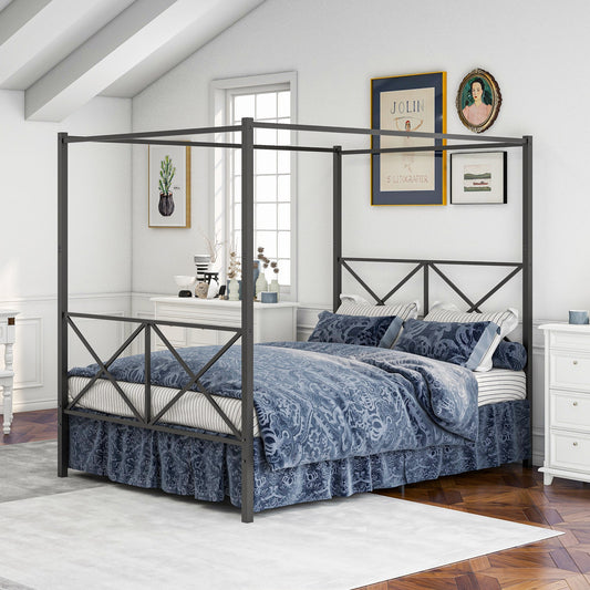 Queen/Full/Twin Metal Canopy Bed Frame Platform Bed Frame with X Shaped Headboard & Canopy - Home Decor Gifts and More