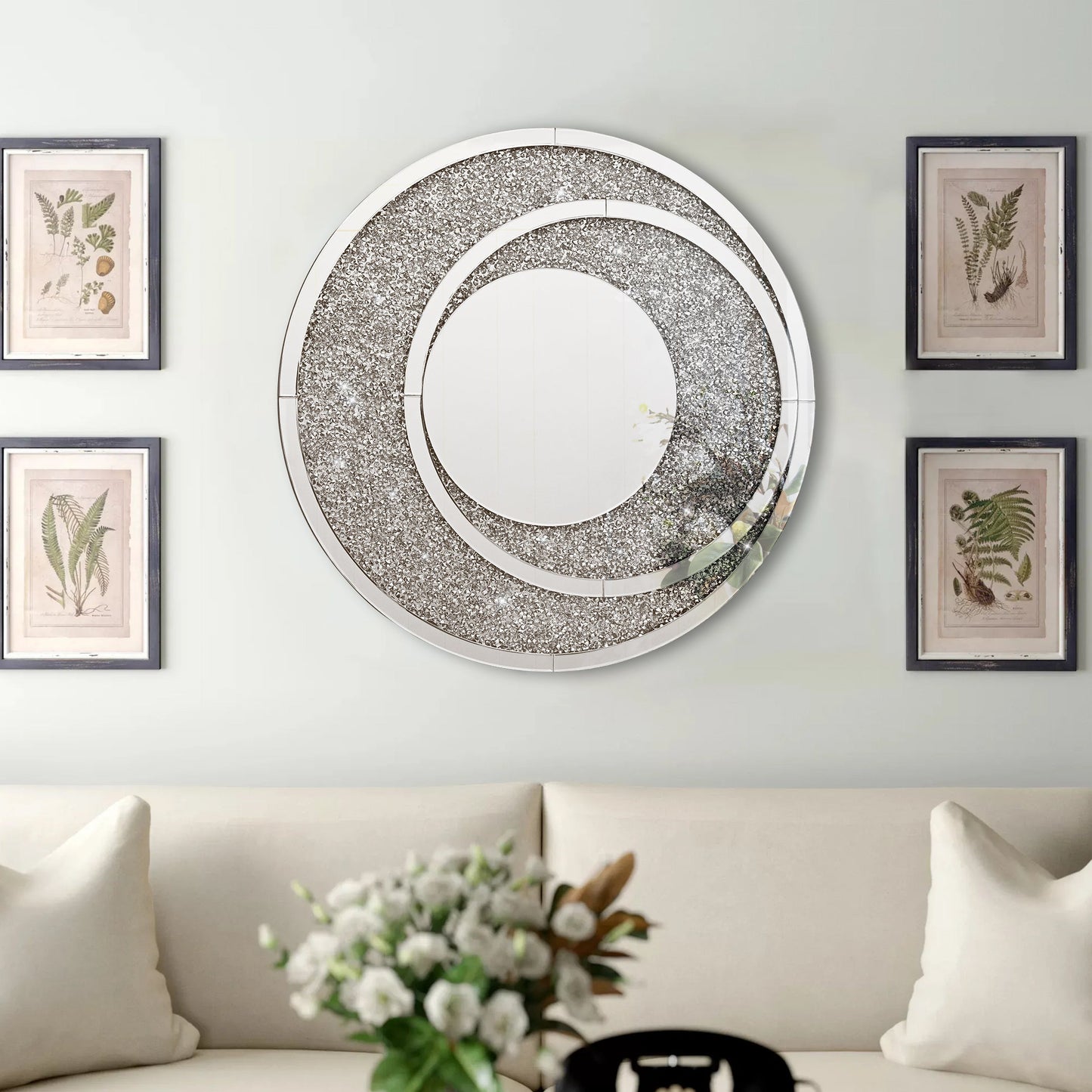 Round Wall Mirror Decor with Crush Diamond 36Inches Large Hanging Mirror Decorative Mirror for Bathroom Living Room Fireplace - Home Decor Gifts and More