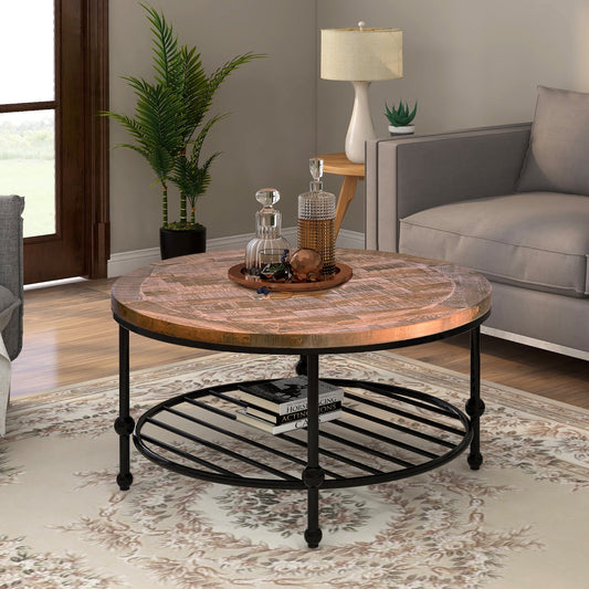 Rustic Natural Round Coffee Table 35.8x35.8x18.3Inch with Storage Shelf for Living Room Easy Assembly Brown[US-W] - Home Decor Gifts and More