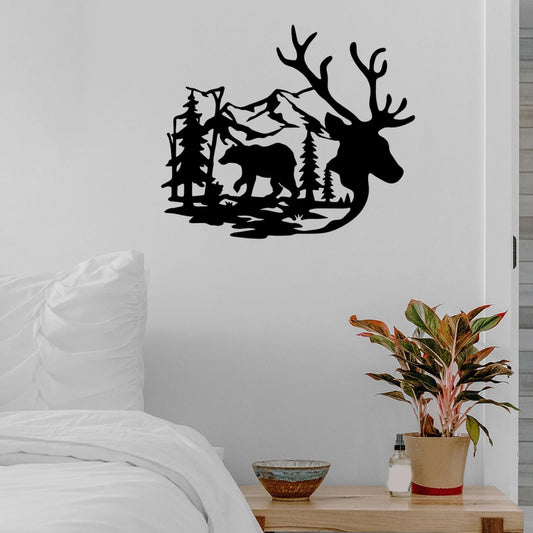 Rustic Style Bear Deer Metal Wall Art Forest Tree Silhouette Sculpture Background Home Living Room Bedroom Office Decor - Home Decor Gifts and More