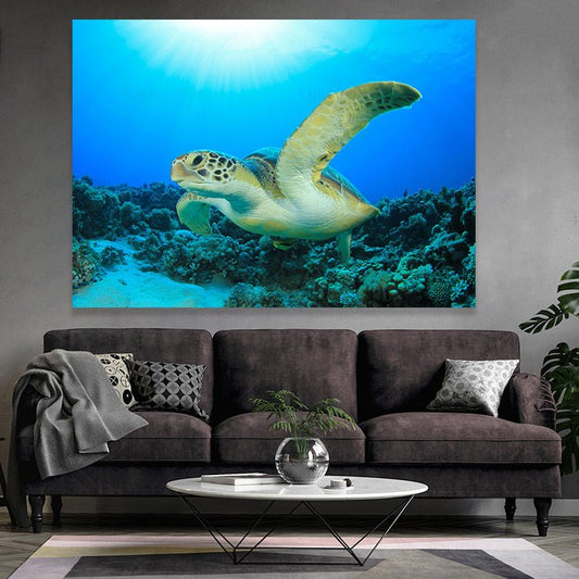 Deep Blue Sea Turtle Marine Sea Creature Wall Framed Canvas Wall Art - Home Decor Gifts and More