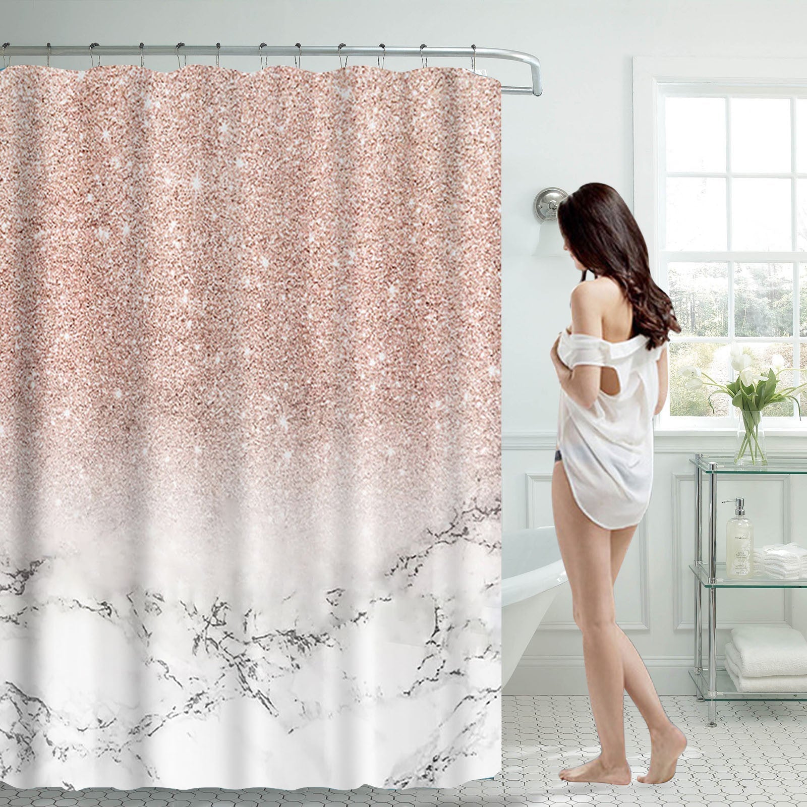 70x70 Inch Modern Contemporary Textured Marble Deluxe Fabric Shower Curtain Set | Decor Gifts and More