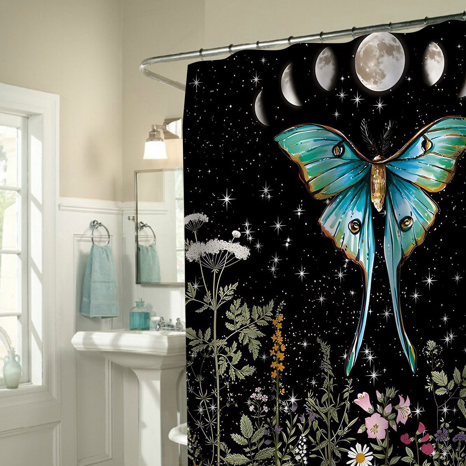 70x70In Moon and Back Celestial Butterfly Deluxe Fabric Deluxe Shower Curtain Set + Hooks | Decor Gifts and More