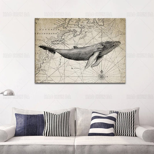 Vintage Tone Humpback Whale Sea Creature Coastal Wall Decor Painting - Home Decor Gifts and More