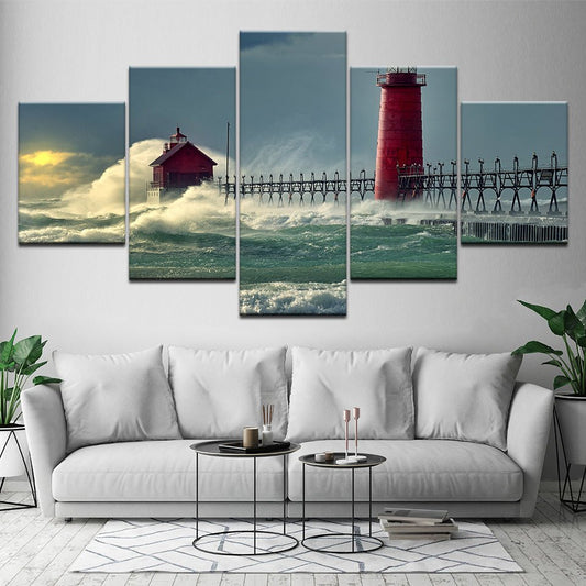 Guard Lighthouse Scenic Coastal Ocean Water Landscape Framed Art Mural Set - Home Decor Gifts and More