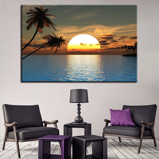 Scenic Coastal Decor Tropical Palm Island Sunrise Framed Canvas - Home Decor Gifts and More