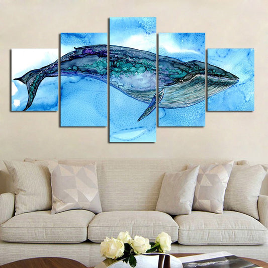5 Piece Panel Scenic Deep Blue Sea Humpback Whale Canvas Abstract Mural Framed Wall Art | Decor Gifts and More