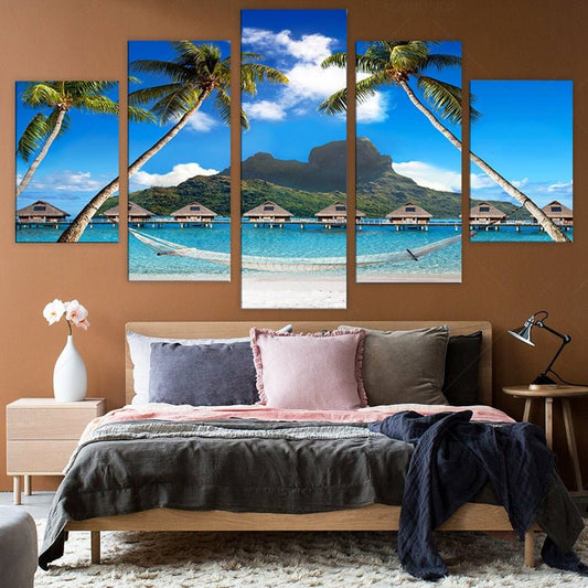 Modern Tropical Beach Palms Scenic HD Canvas Window Mural Wall Panel Set - Home Decor Gifts and More