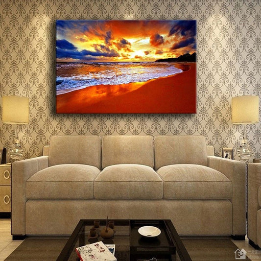 Framed Red Sunset Tropical Coastal Abstract Modern Seascape Painting Framed Wall Art - Home Decor Gifts and More