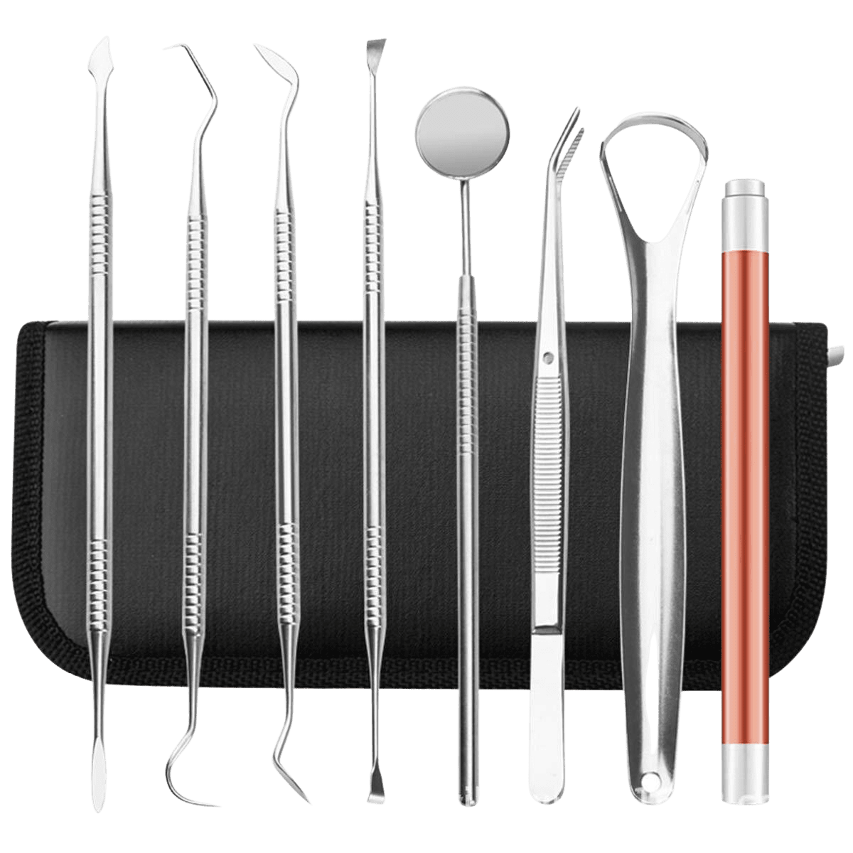 Dental Tools, 8 Pack Teeth Cleaning Tools Professional Stainless Steel Dental Tools with Mouth Mirror, Tweezer, Tongue Scraper, Oral Flashlight, Tartar Scraper for Personal or Pet Oral Care - Home Decor Gifts and More