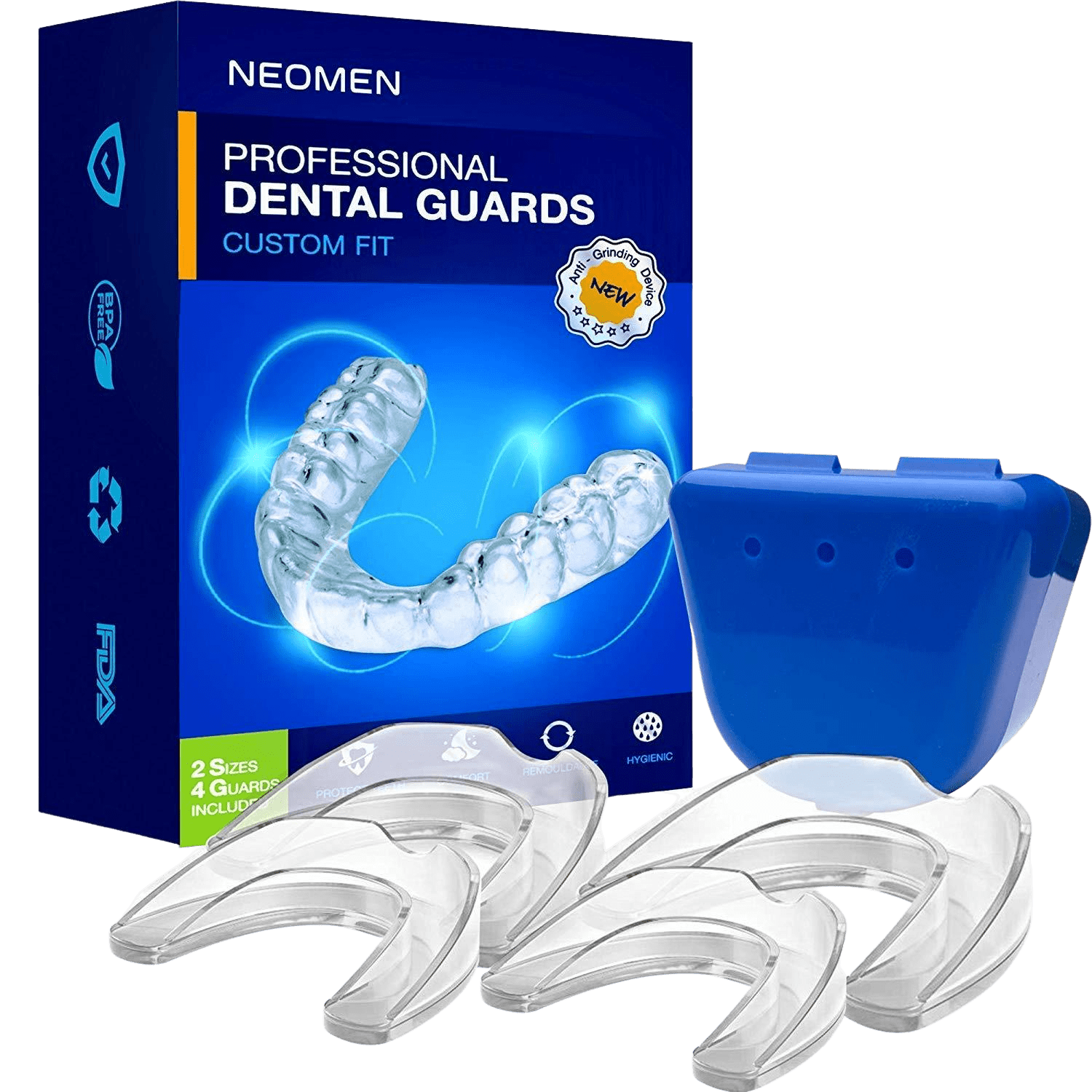 Neomen Mouth Guards for Teeth Grinding 2 Sizes, Pack of 4, Custom Fit Professional Dental Guard, New Upgraded Teeth Grinding Guard, Stops Bruxism | Decor Gifts and More
